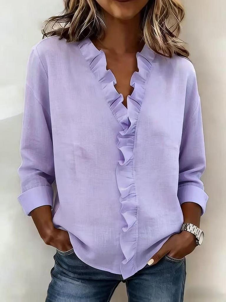 European Spring 2026 Women's Ruffle Trim Long-Sleeve Cotton Shirt