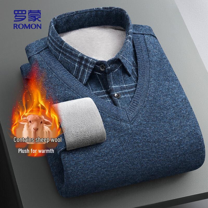 ROMON Men's Fleece-Lined Wool Blend Knit Shirt Collar Sweater