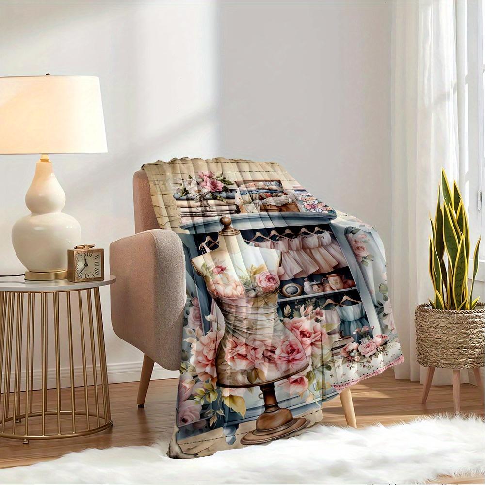For Mannequin,Floral Dress,Vintage Closet-Themed Flannel Blanket, Glam Style, Digital Print, All-Season Comfort, Tear-Resistant, Knitted Cra