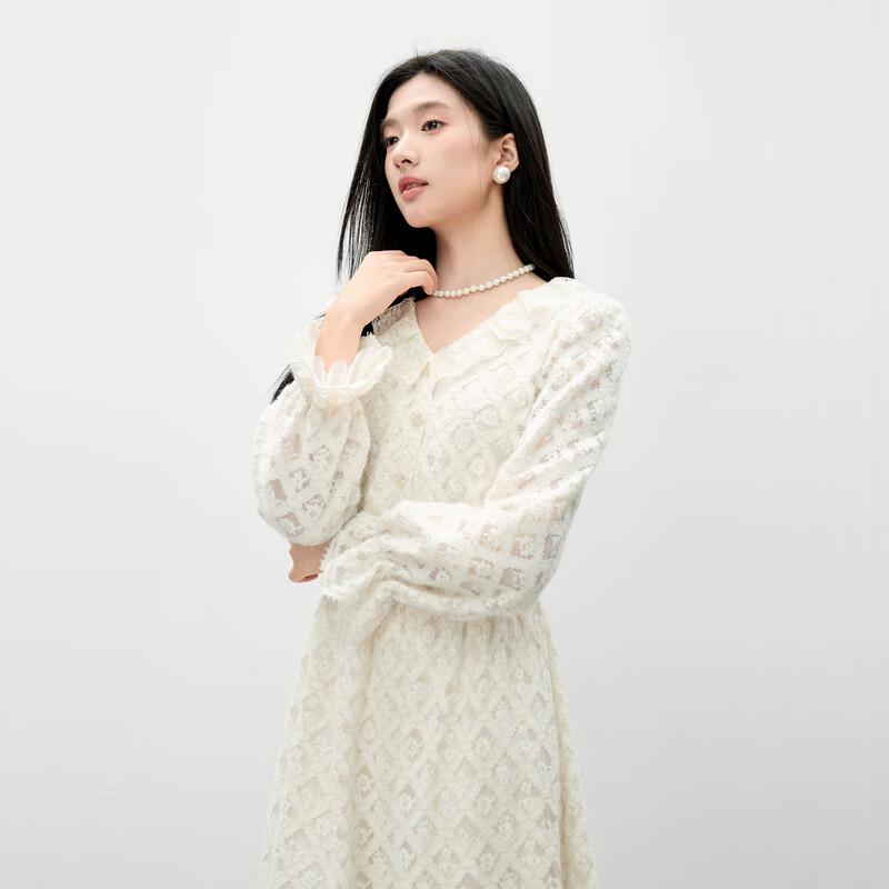 Qiusbuiyiren French Retro V-Neck Ruffle Lace Knit Dress