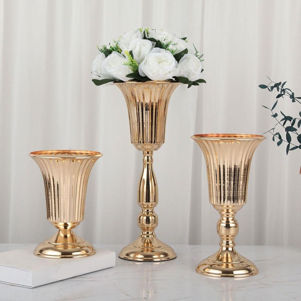 European Style Wedding Flower Vase Golden Dried Flower Pot Metal Trumpet Vases  Living Room
