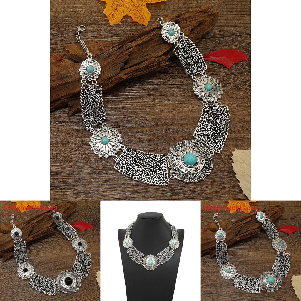 Ethnic Style Simulation Gemstone Decoration Hollow Design Women Metal Necklace For Special Occasion