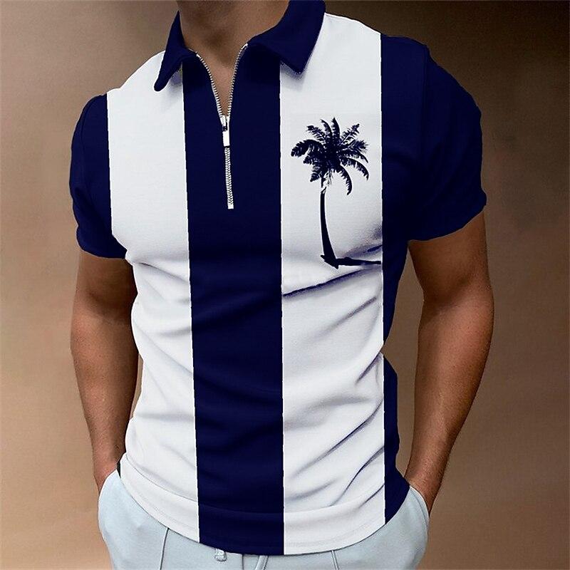 

Мужская рубашка-поло, повседневная рубашка на молнии с коротким рукавом, модная повседневная рубашка на молнии, лето-весна, стандартный крой, 3D черная полосатая рубашка с принтом кокосовой пальмы 8XL темно-синий