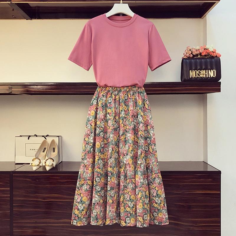 Cotton-containing Plus Size Women's Clothing for Fat Girls in Summer To Reduce Age and Cover The Flesh To Look Slimming Floral Skirt Two-piece Set