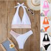 Pure Color Split Swimsuit Women Sexy Tight Bikini High Waist Neck Gathered