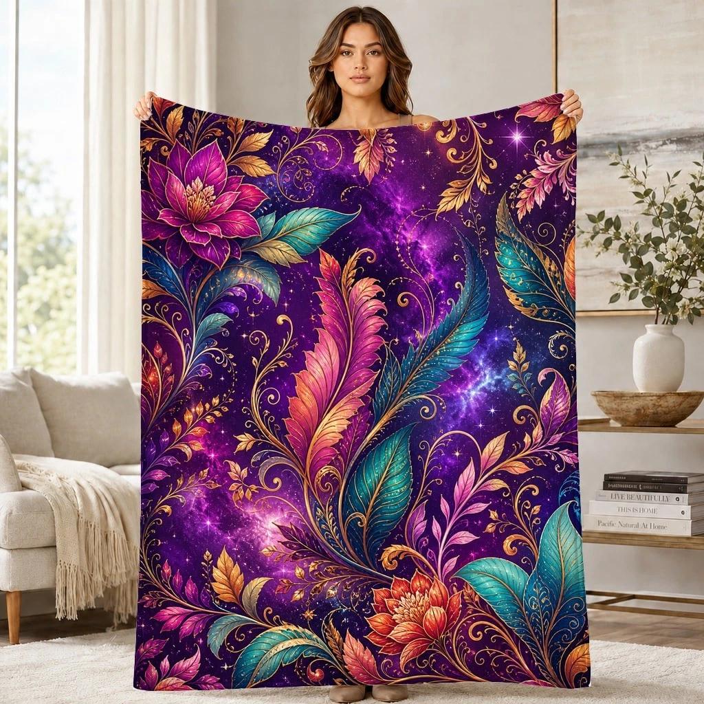 Celestial Boho Floral Coral Fleece Blanket