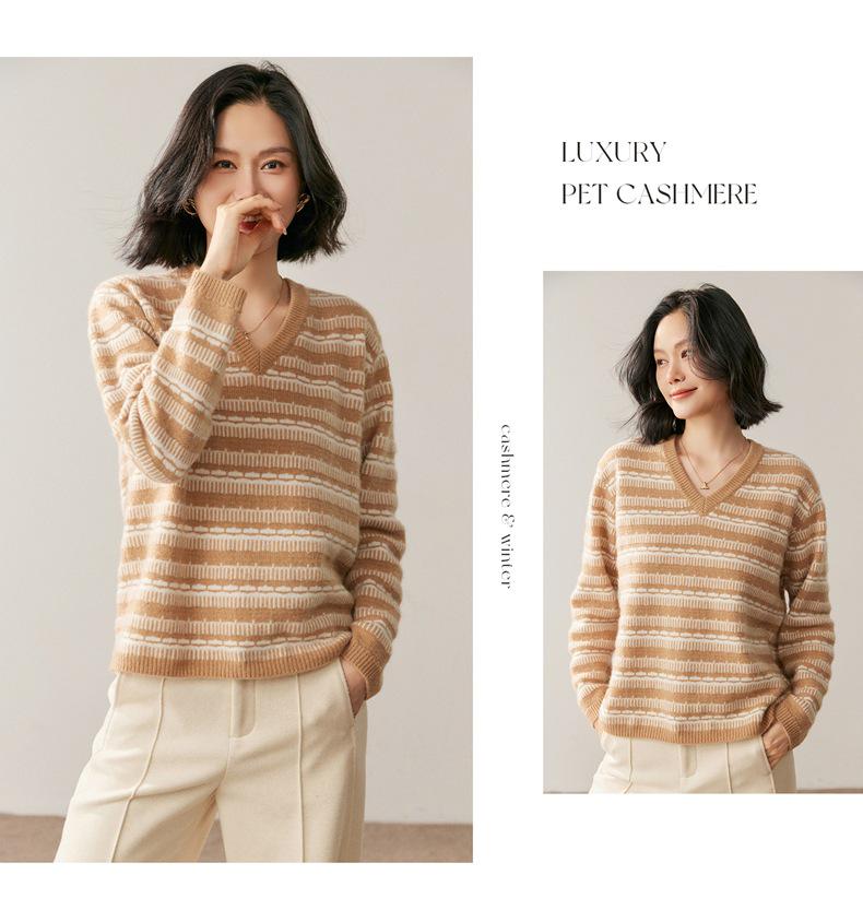 Women's Color Block V-Neck Cashmere Sweater - 2025 Autumn/Winter Korean Style Loose Slimming Pullover