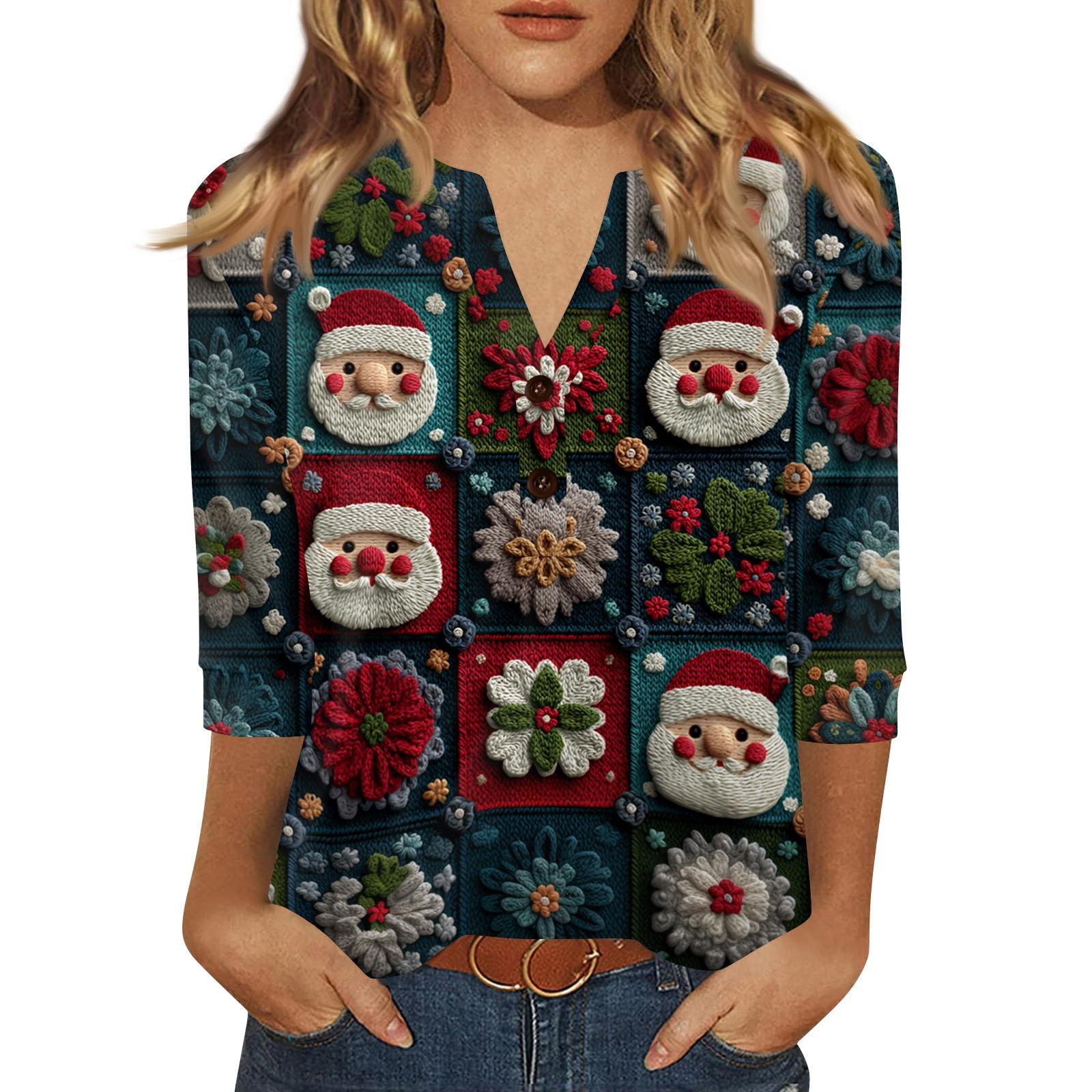 

Жен. Футболка С принтом Пуговицы Рукав 3/4 Повседневные Выходные Мода Классический Классический V-образный вырез Обычный Верх XL