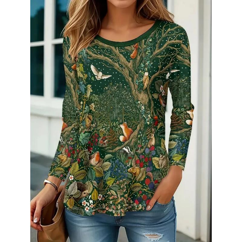 Fashion Women's Crew Neck Long Sleeve 3D Floral Color Printing Floral Long Sleeve Crew Neck T-Shirt