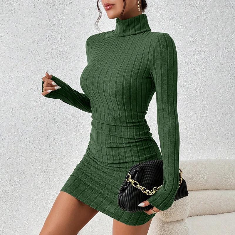 2024 Women Clothing New Solid Dresses Mini Dress Club Elegant Party Dresses Black Solid Turtleneck Long Sleeves SheathDress