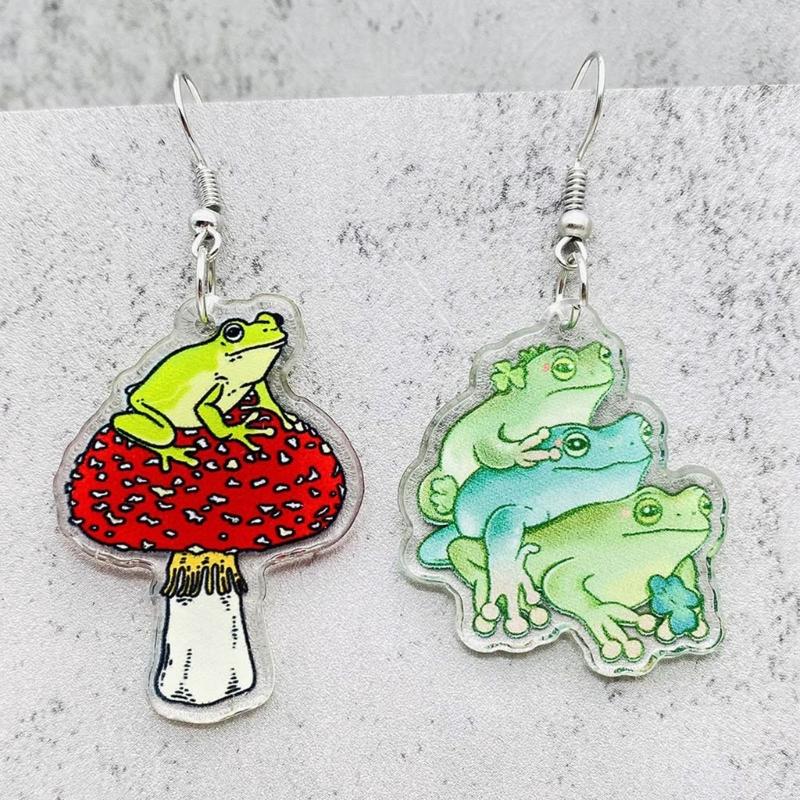 Cute Mushroom Frog Earrings Drop Earrings Acrylic Cartoon Balloon Print Dangle Earrings Ear Dangles Ear Pendant for Girl