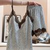 French High-end Ice Silk Suspender Pajamas Women's Summer New Lace Splicing Shorts Loungewear Set Can Be Worn Outside