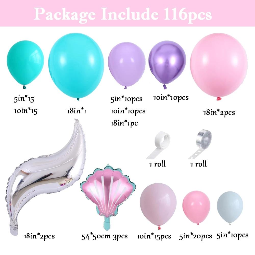 116pcs Mermaid Tail Shell Balloon Garland Arch Pink Purple Latex Ballon Baby Shower Girl 1st Birthday Party Favors Wedding