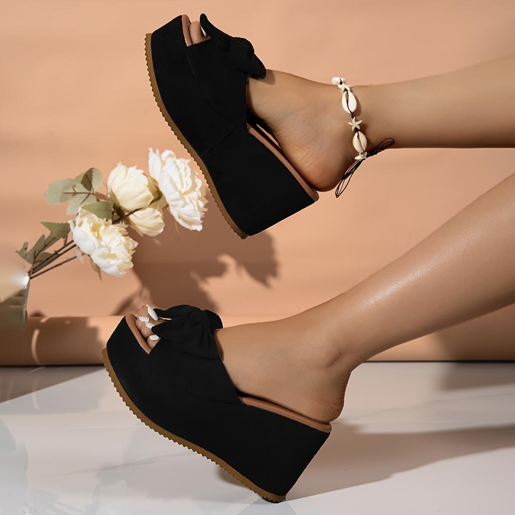Stylish Comfortable Leopard Print Wedge Sandals - Women's Slip-On Platform Heels with Bowknot
