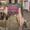 Women Striped Print Appliques Simple Casual Comfortable Ice Silk Knit T Shirt Summer Trendy Short Sleeve Y2K Tops Ropa De Mujer