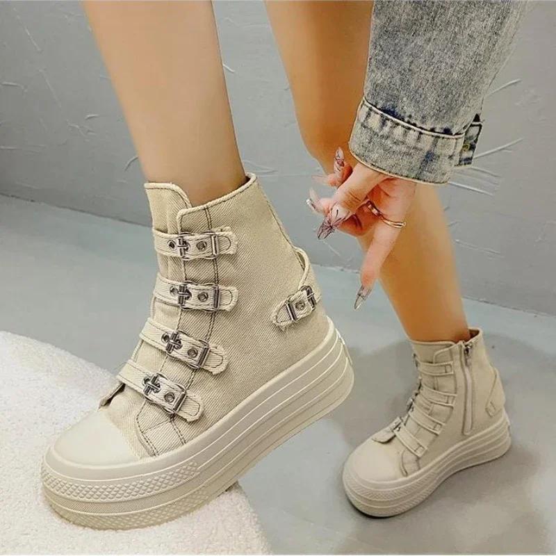 Mode 8CM Kilklackar Sneakers Canvas Skor Dam 2024 Vår Och Höst Ny Mode Alla Casual Tjocka Ventilerande Sula Board Shoes