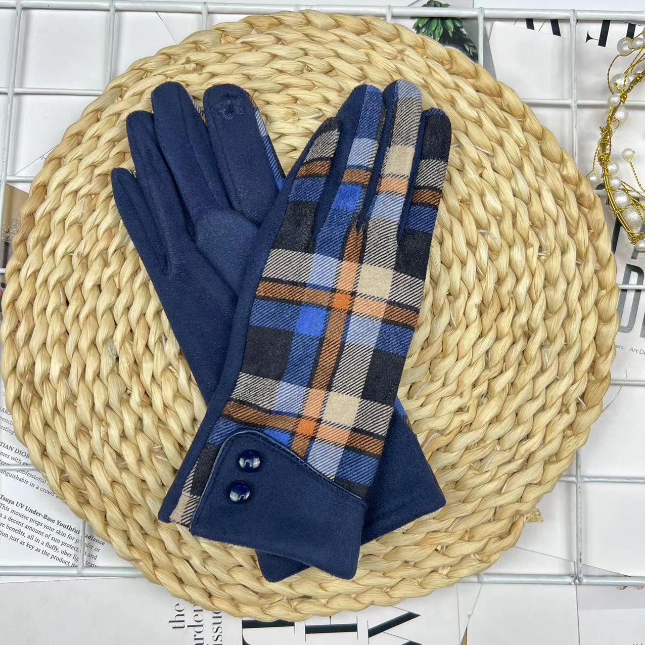 

Клетчатые женские перчатки женские сенсорные экраны флис оленьей кожи ворсистые утолщенные термоперчатки для скольжения One size синий