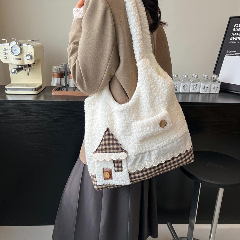 

Literary and versatile commuter canvas bag niche design plaid splicing cloth bag large capacity tote bag school bag 38*8*30 коричневый