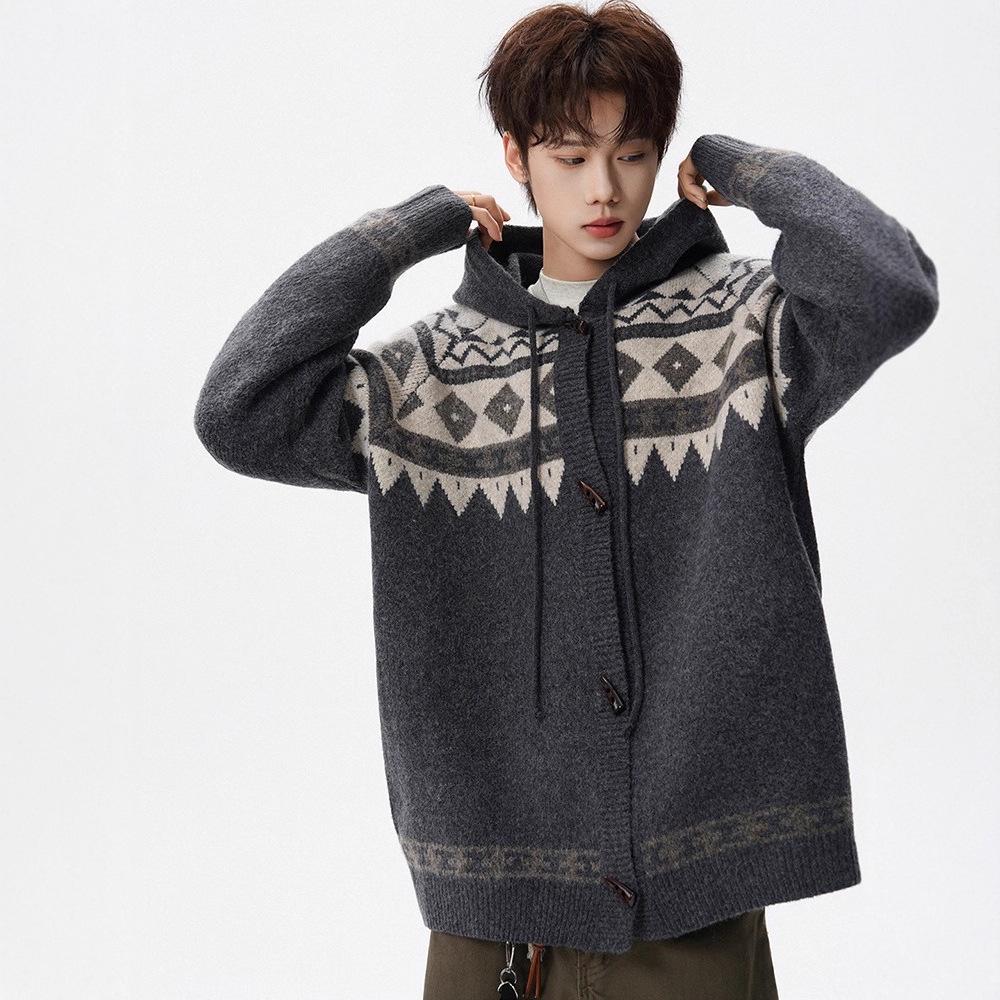 Унисекс тяжелый вязаный кардиган с капюшоном в стиле Fair Isle для осени/зимы XXL