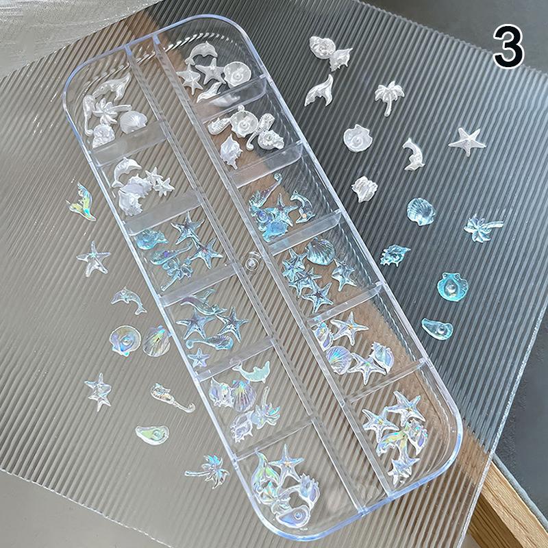 12Grid 60Pcs Ice-clear Seashell Starfish Ocean Series Nail Charms Resin Accessories Nail Art Decorations 3D Mixed Shell Manicure