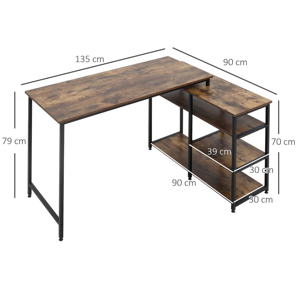 Corner Desk Angled Desk PC Table Computer Desk Office Desk with Shelf Drawer, L-Shape, Particleboard Metal, Rustic Brown 135 X 90 X 79 Cm