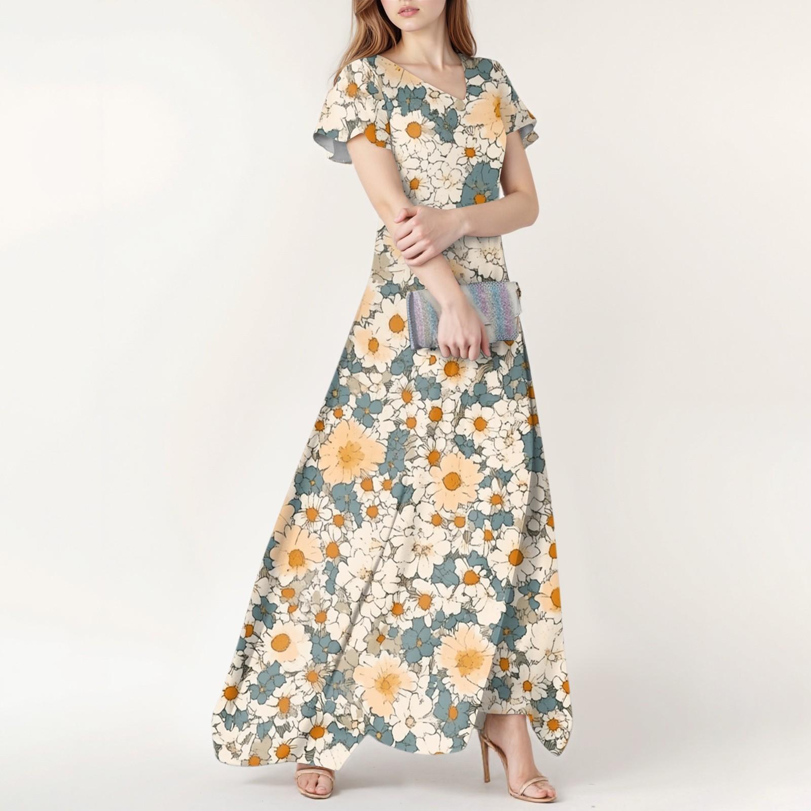 

Женское весенне-летнее повседневное модное платье с цветочным принтом и коротким рукавом, V-образный вырез XL оранжевый