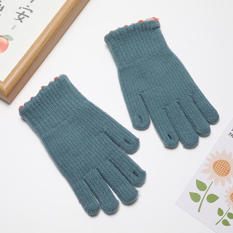 Winter Korean Women Solid Color Touchscreen Warm and Windproof Cycling Finger Candy Bean Knitted Gloves
