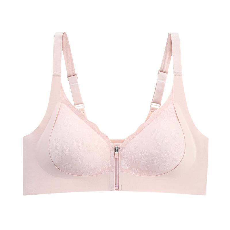 New Seamless Front Zipper Underwear Women's Large Elastic Fixed Cup Pull Large Size Steel Rimless Bra