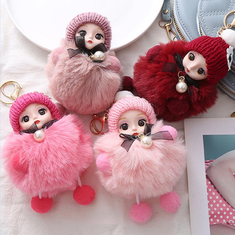 Cute Plush Keychain Imitation Rex Rabbit Fur Ball Keyring Big Eye Doll Pendant  Car Bag Charm