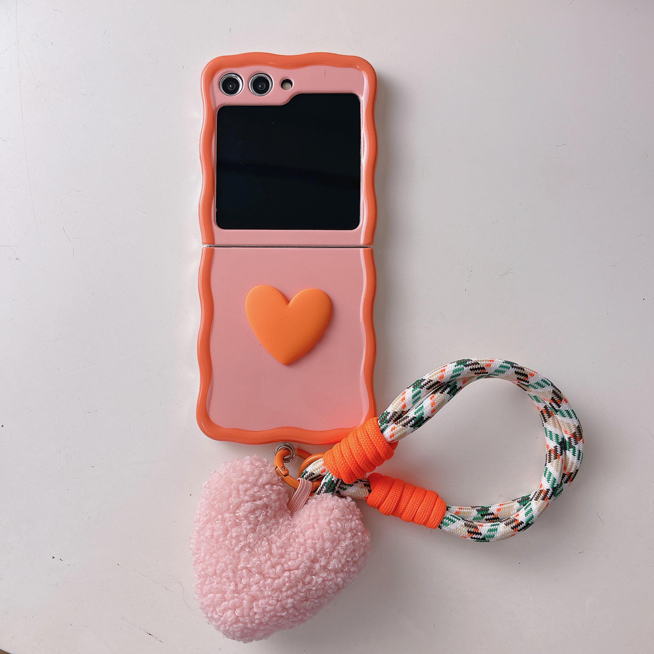 

For Samsung Galaxy Z Flip5 5G Case Heart Pattern TPU Phone Cover with Hand Strap Orange+Pink