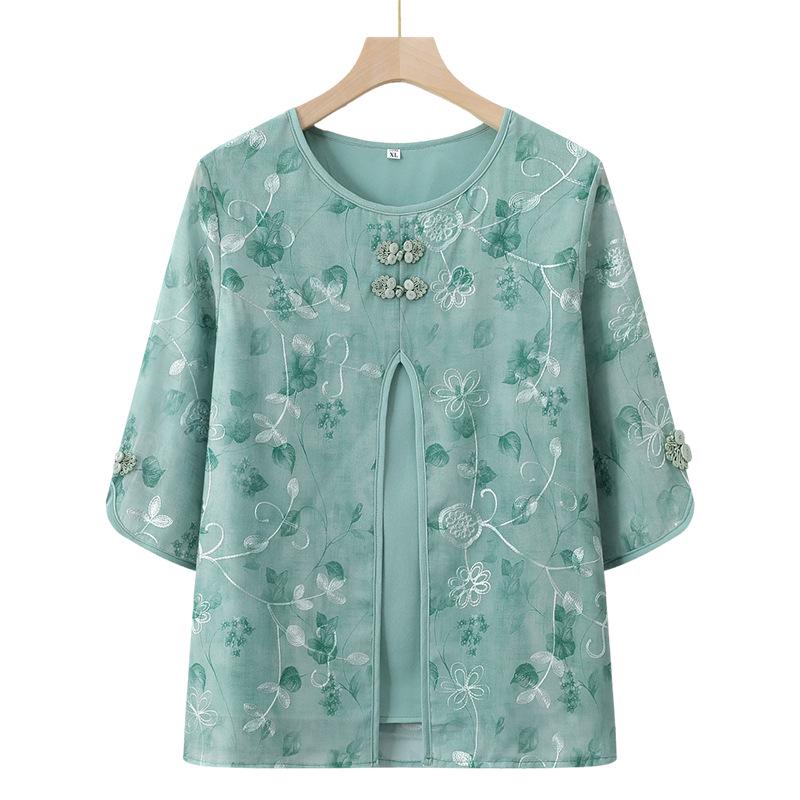 2026 New Stylish Fake Two-piece Chiffon Summer T-shirt for Mature Women & Elderly 2XL (95-110 lbs)