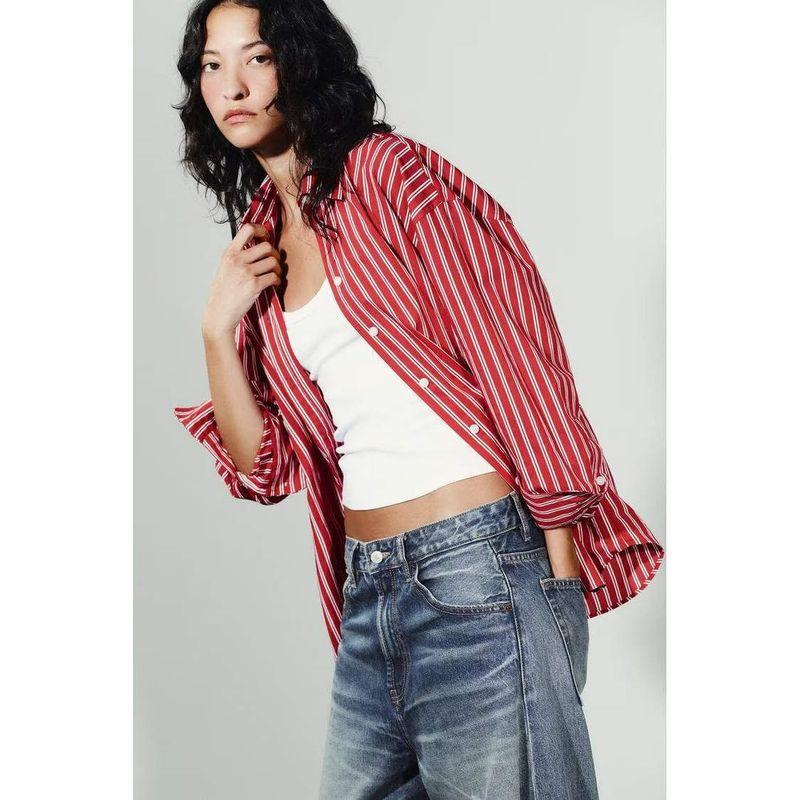 Za Autumn and Winter New Arrivals Women's Clothing Zr European and American Style Fashionable Versatile Striped Poplin Loose Shirt 8823531