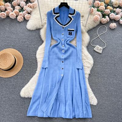 Autumn Winter Wear Embroidery Letter Knitted Sweater Dress Women Polo Single Breasted Designer Temperament Long Dresses