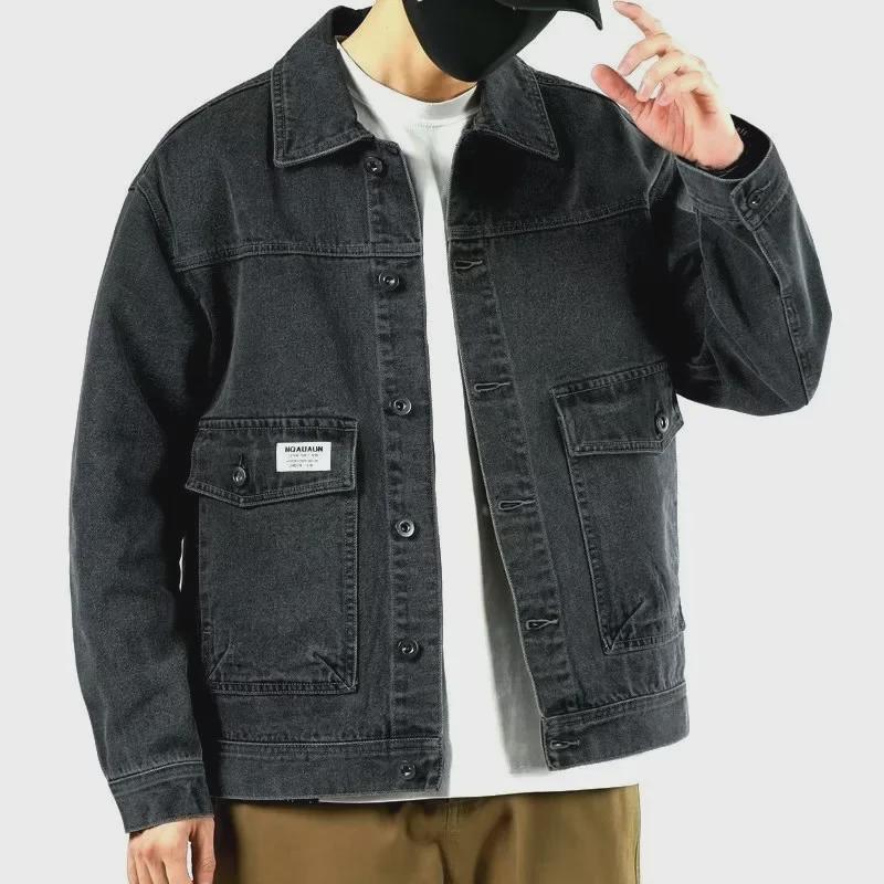Men's Trendy Pilot Denim Jacket with Large Pockets – Spring/Autumn Loose Fit Retro Style