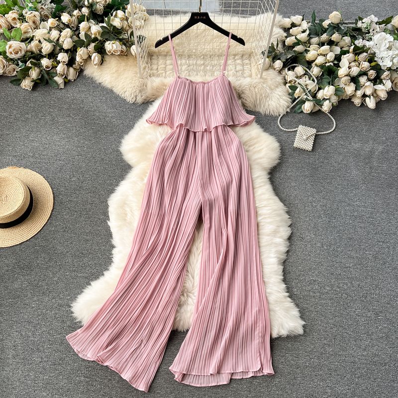 

Vacation Style Ruffles Silm Heavy Industry Pleated Jumpsuit Pink All yards