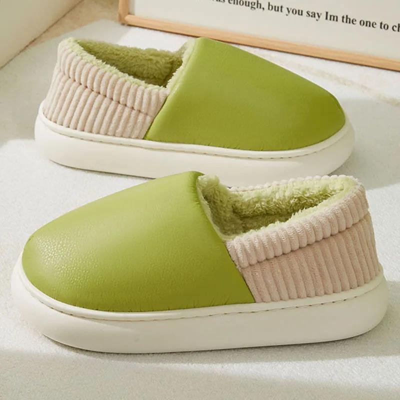 Fashion Comfort Soft Sole Plush Slippers Women Winter Closed Toe Pu Leather Indoor Slides Woman Casual Warm Couple Cotton-Padded Shoes