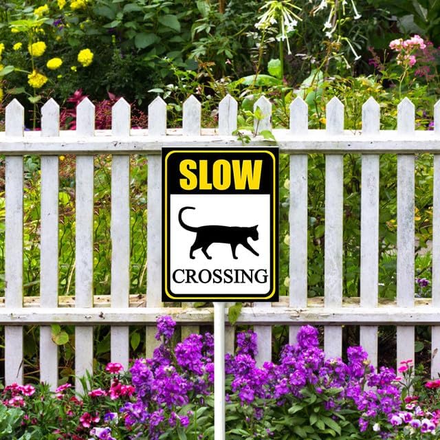 Bidesign (8X12) IN Slow Down Cat Crossing Yard Sign With Stake Warning Slow Lawn Sign Stand For Traffic Rustproof Aluminum For Home Street