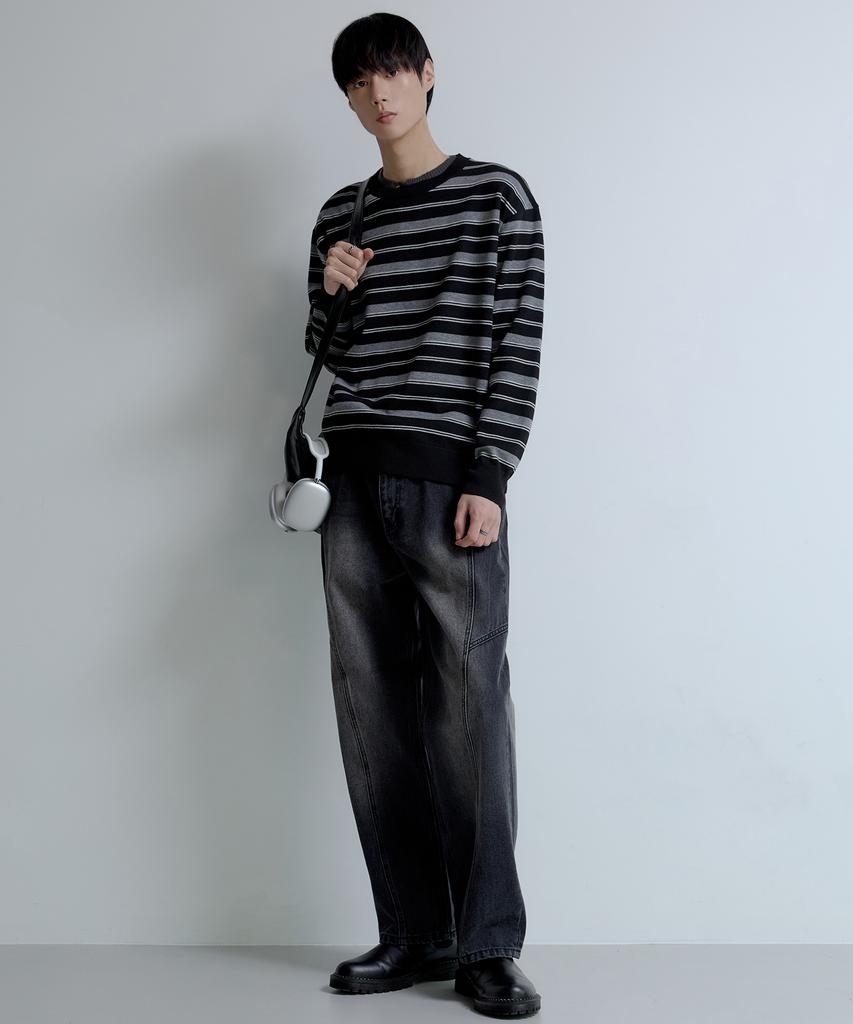 NODU Triple Stripe Semi-Crop Knit [Black]