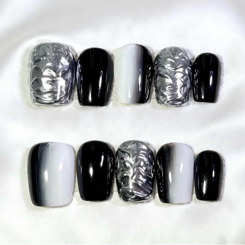 3D Almond Shape Press-On Nails With Gold Foil Cat Eye Gel Flower Pearl Decorations Women AW1196