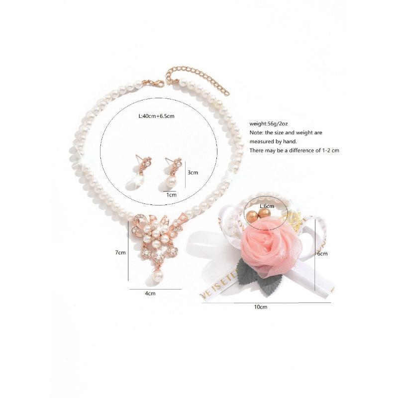 Pearl Bridal Jewelry Set: Necklace, Earrings, and Flower Bracelet