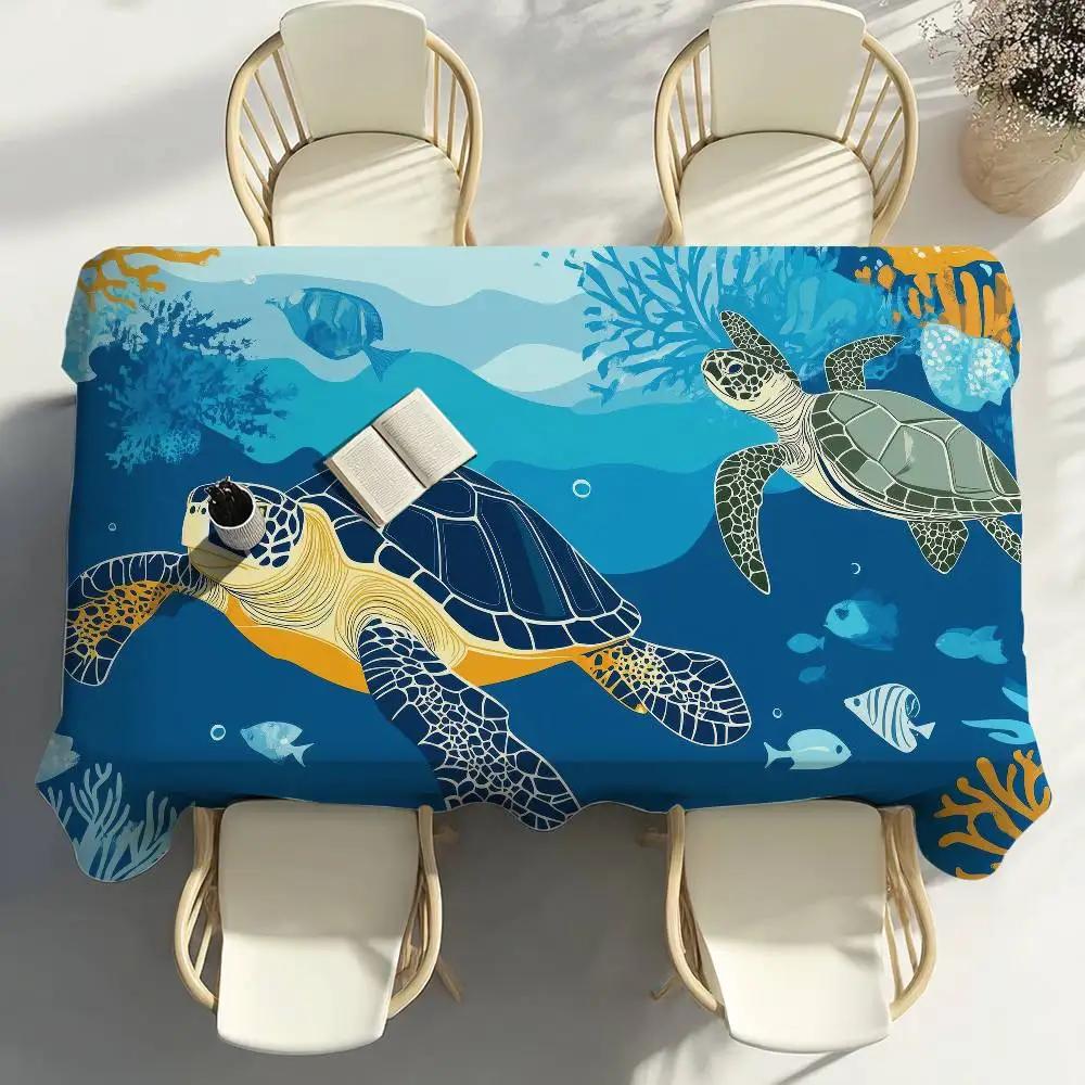 Tropical Blue Turtle Pattern Table Cloth Party Decor Dining Room Home Kitchen Patios Waterproof Stain-Proof Table Cloth