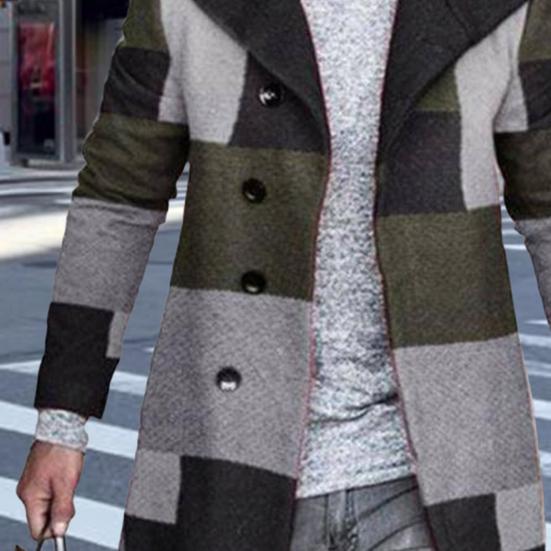 Men Woolen Coat Lapel Long Sleeve Plaid Print Single Breasted Closure Outerwear Mid-Length Design Formal Overcoat