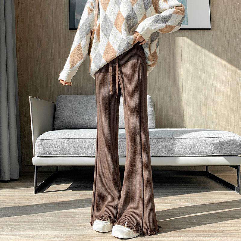 Women's High Waist Micro Flare Tassel Drape Knit Pants - Coffee Color