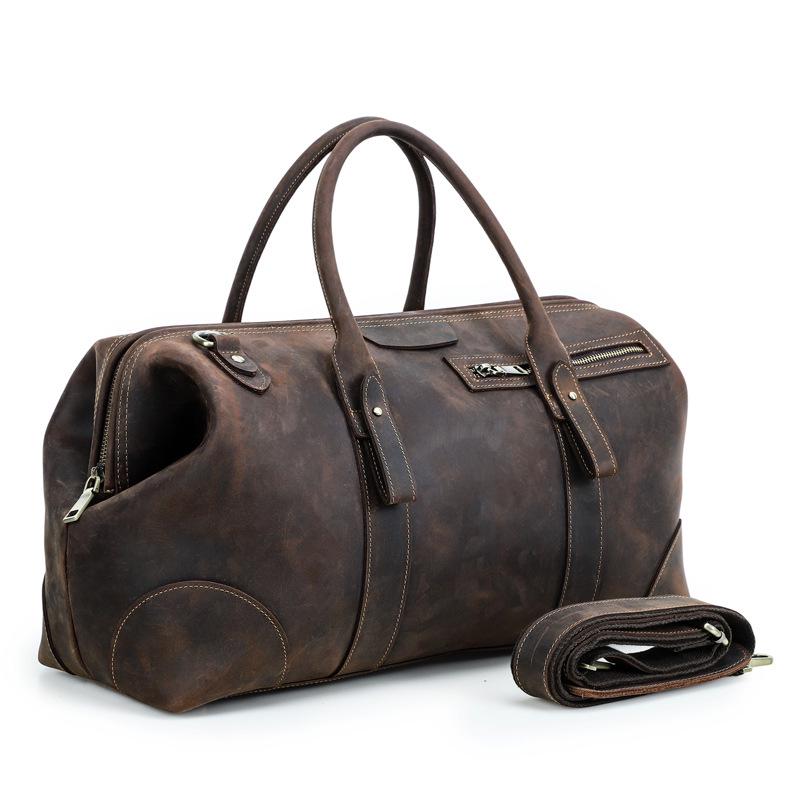 Black Angel Retro Crazy Horse Leather Large-Capacity Handbag & Shoulder Bag - Short-Term Travel & Gym Bag with Iron Buckle