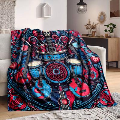 1pc Guitar Skull Lightweight Flannel Blanket, Comfortable and Warm Blanket, for Office and Camping Sofa Bed, Livingroom134