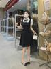 Women's Large French College Style Black Two-Piece Polo Dress - Waist Slimming A-Line Summer Skirt