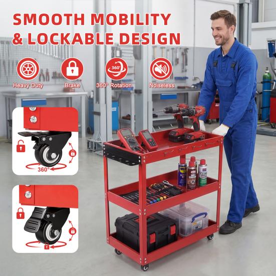 Three Tier Tool Cart 3-Tier Rolling Cart, Metal Heavy Duty Utility with Side Hooks, Mobile Organizer 4 Wheels, Handle, 330lbs Load Capacity
