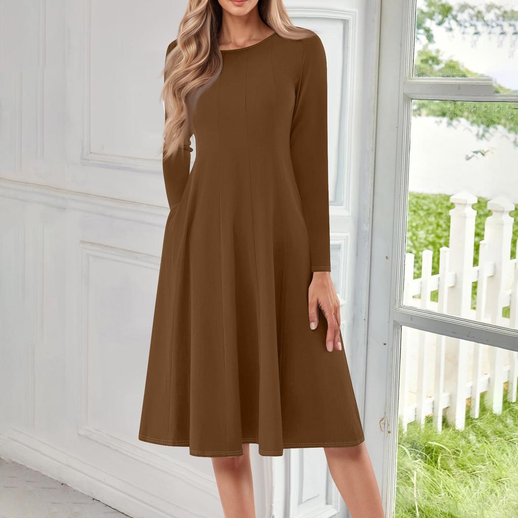 Damen Freizeitmode Rundhals Langarm Farbe Midi Kleid