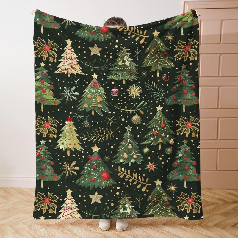 1pc Spanish-Inspired Christmas Flannel Throw Blanke Christmas Trees, Stars & Baubles - Perfect for Bed, Sofa, Office,