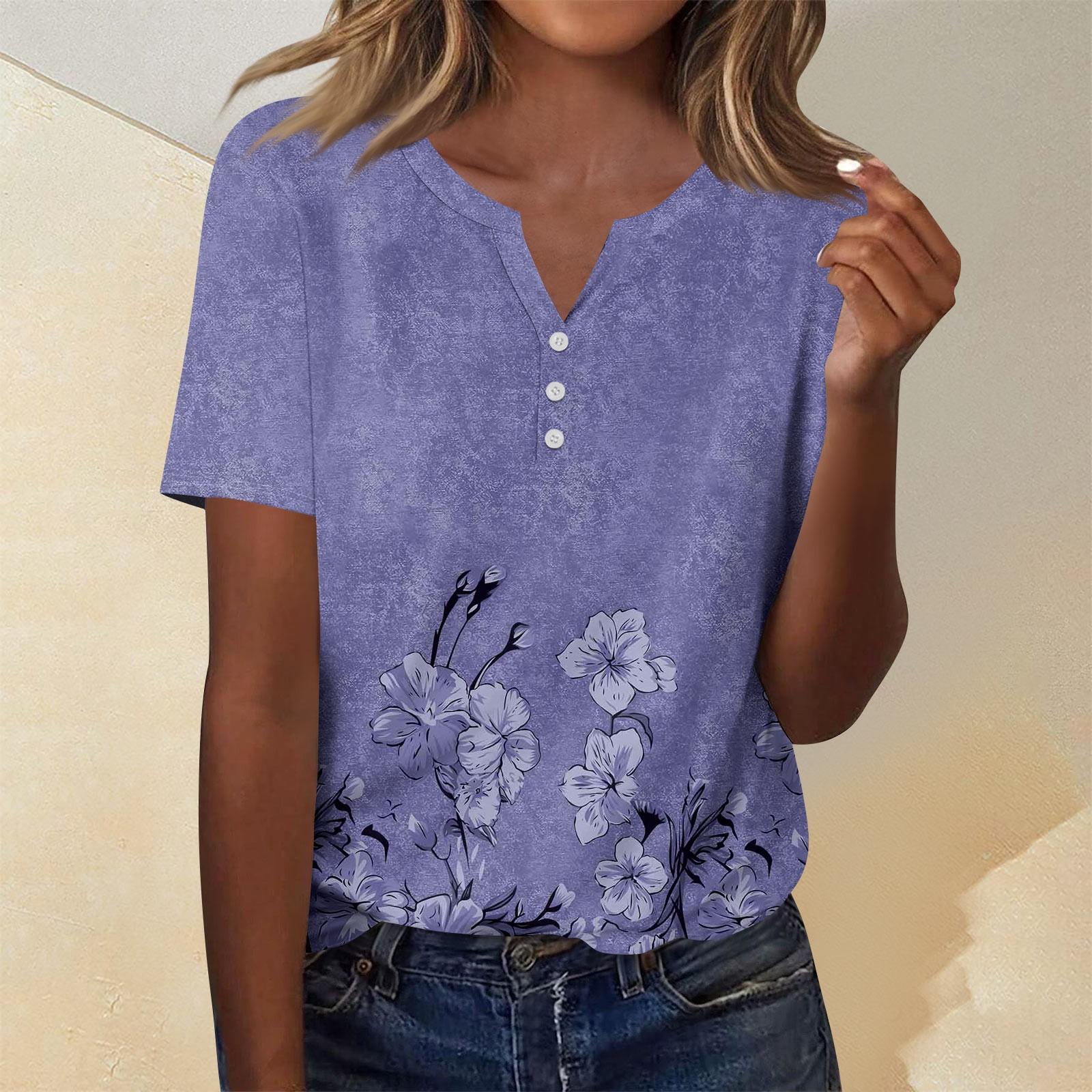 

Женская мода повседневный короткий рукав цветочный принт топ L фиолетовый